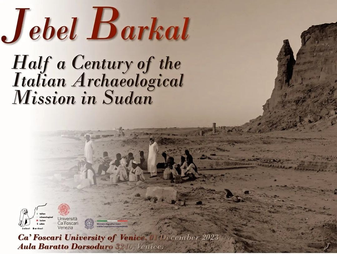 [Grafika: plakat wydarzenia, napis Jebel Barkal - Half a Century of the Italian archaeological Mission in Sudan na tle fotografii.}