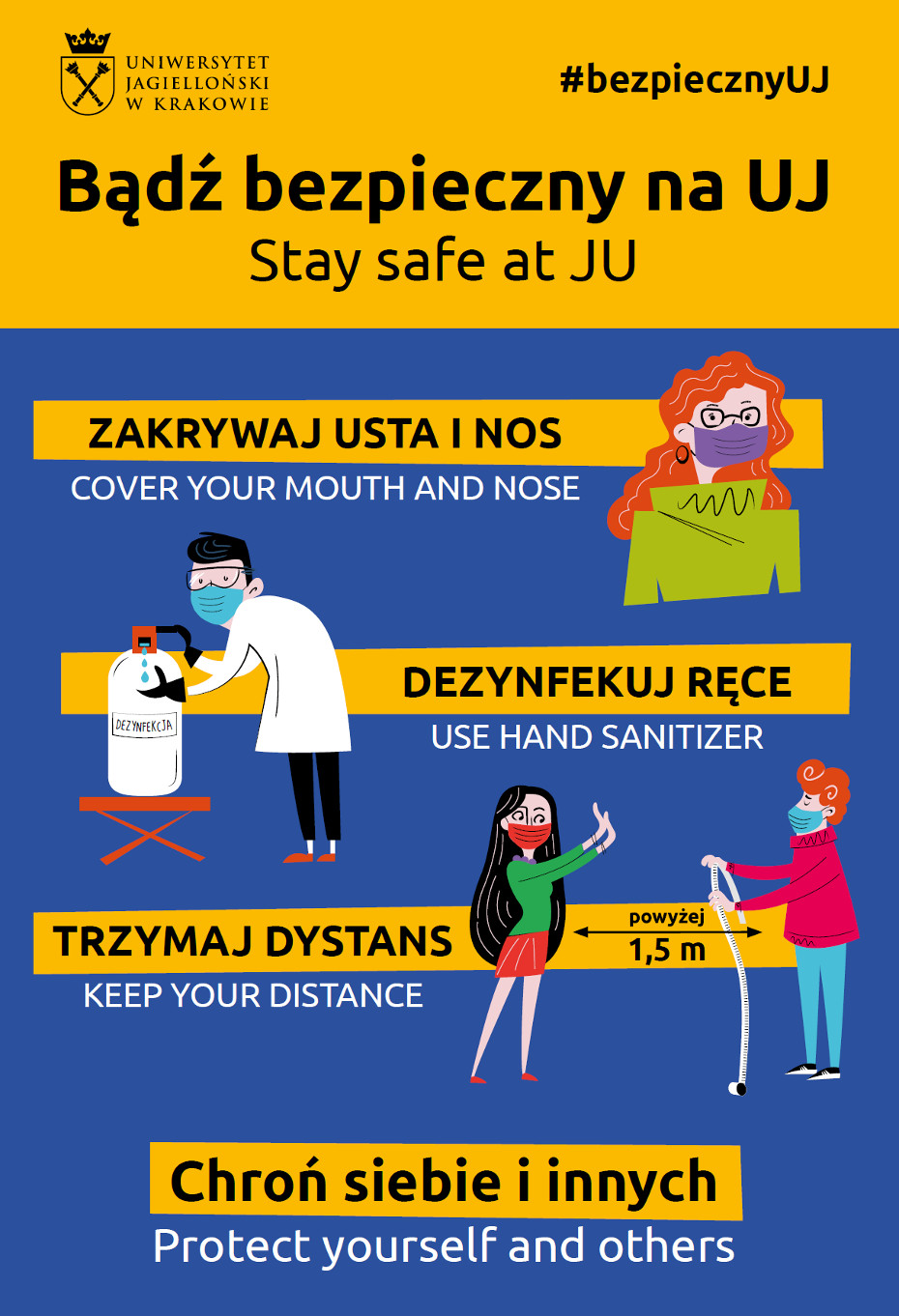 Grafika: plakat "Bądź bezpieczny na UJ / Stay safe at JU" w kolorze żółtym i niebieskim. Napisy na plakacie "Zakrywaj usta i nos / Cover your mouth and nose", Dezynfekuj ręce / Use hand sanitizer", "Trzymaj dystans / Keep your distance".